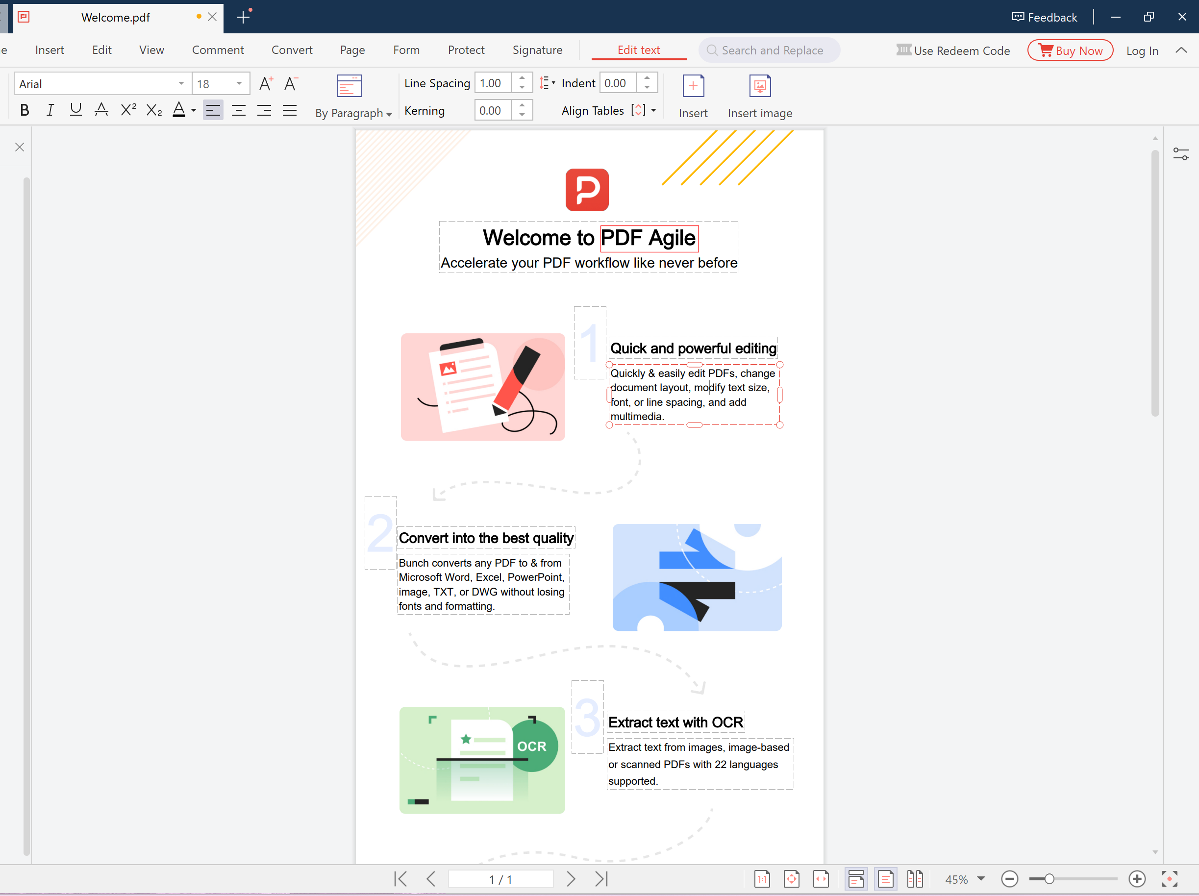 PDF Agile OCR text editing interface: scanned document with recognized text shown in editable text boxes with font and formatting controls