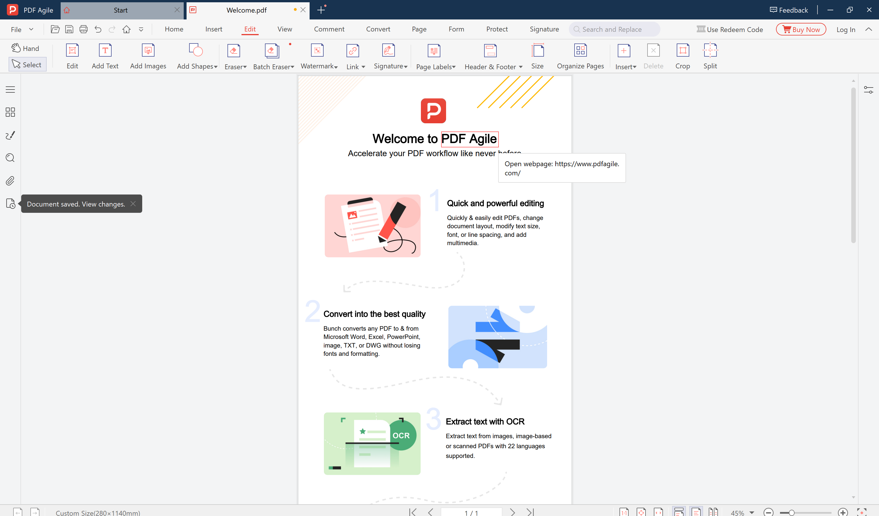 PDF Agile Edit tab showing Link tool for adding hyperlinks to PDF, with a clickable link highlighted showing 'Open webpage: https://www.pdfagile.com'